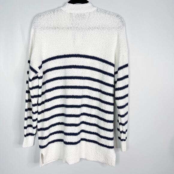 New LOFT S White Navy Blue Striped V Neck Pocket Long Cardigan Sweater Cotton - Picture 2 of 12
